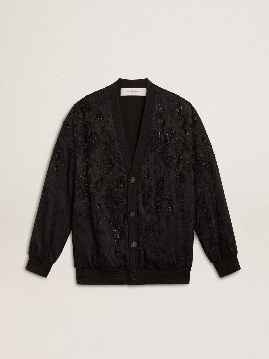 schwarze damenstrickjacke mit ton-in-ton-toile-de-jouy-perlenstickerei