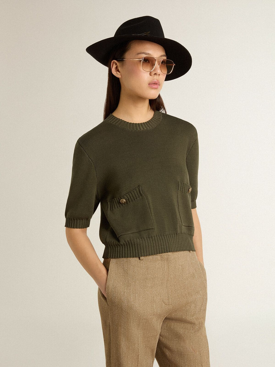 kurzarmpullover für damen aus militärgrüner baumwolle