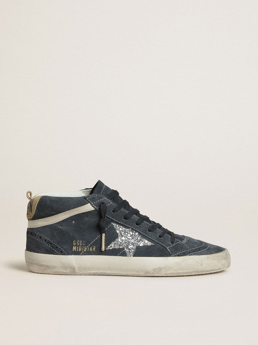 damen-sneaker mid star aus petrolblauem wildleder mit silbernem glitzerstern und baumwollblitz