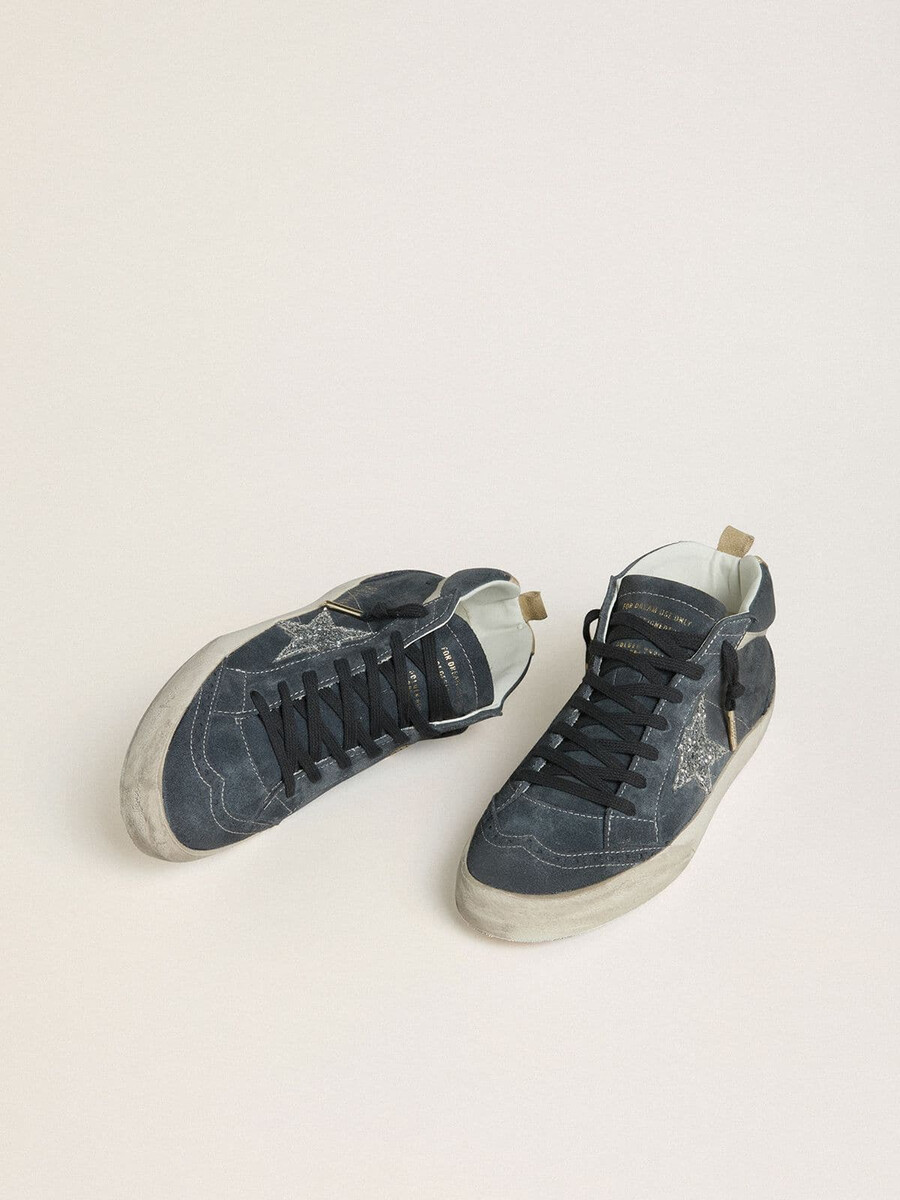 damen-sneaker mid star aus petrolblauem wildleder mit silbernem glitzerstern und baumwollblitz