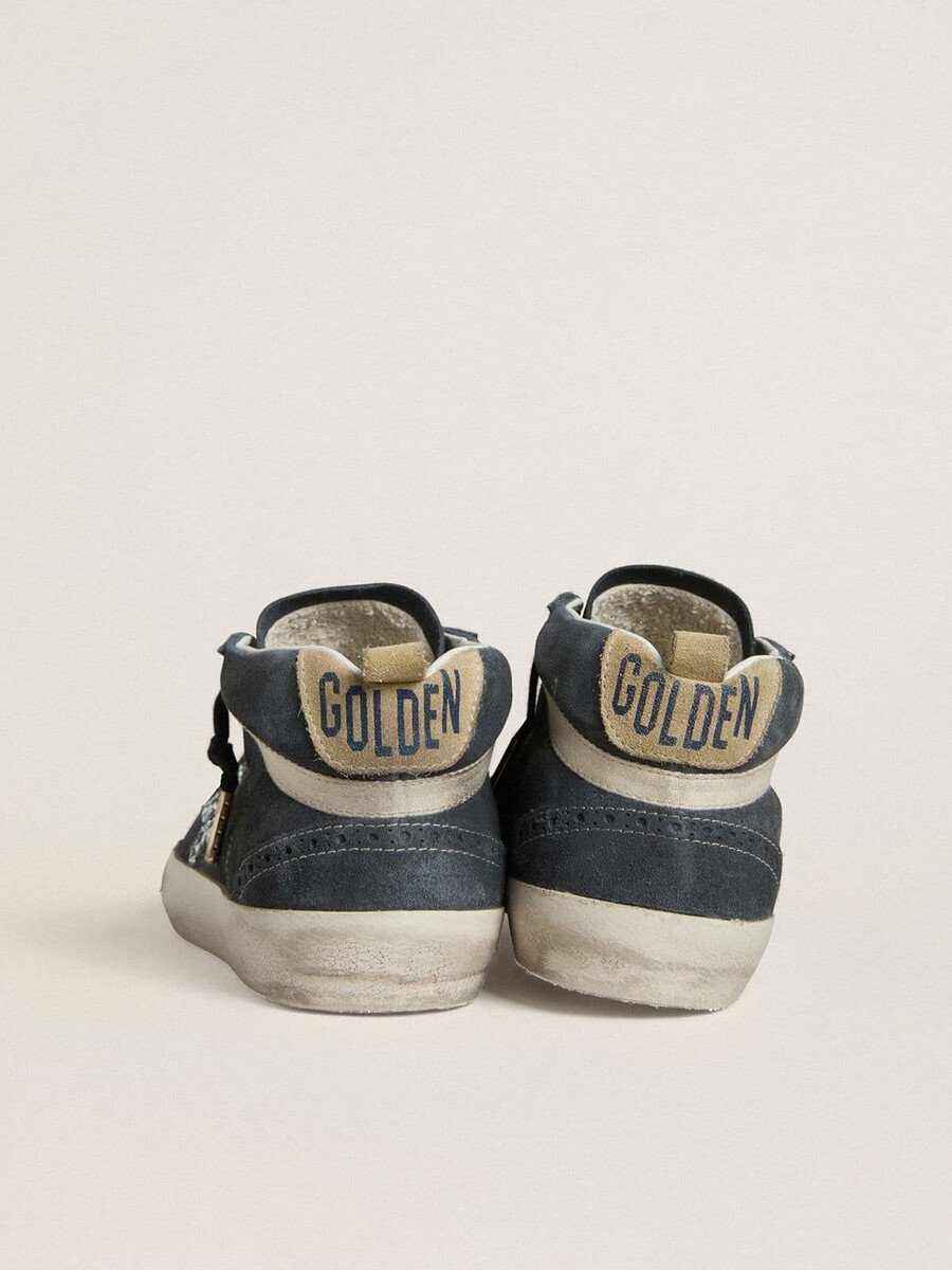 damen-sneaker mid star aus petrolblauem wildleder mit silbernem glitzerstern und baumwollblitz