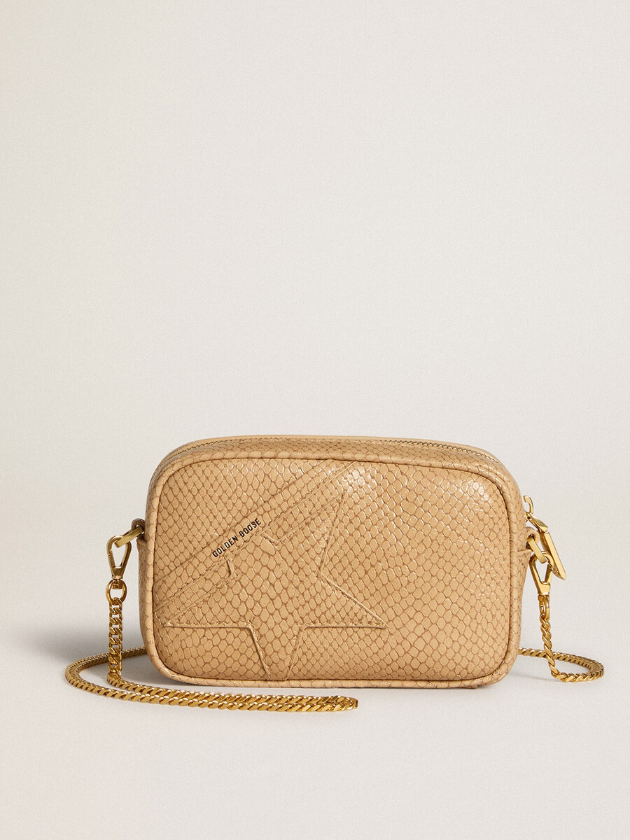 mini star tasche aus beigefarbenem leder mit schlangenmuster