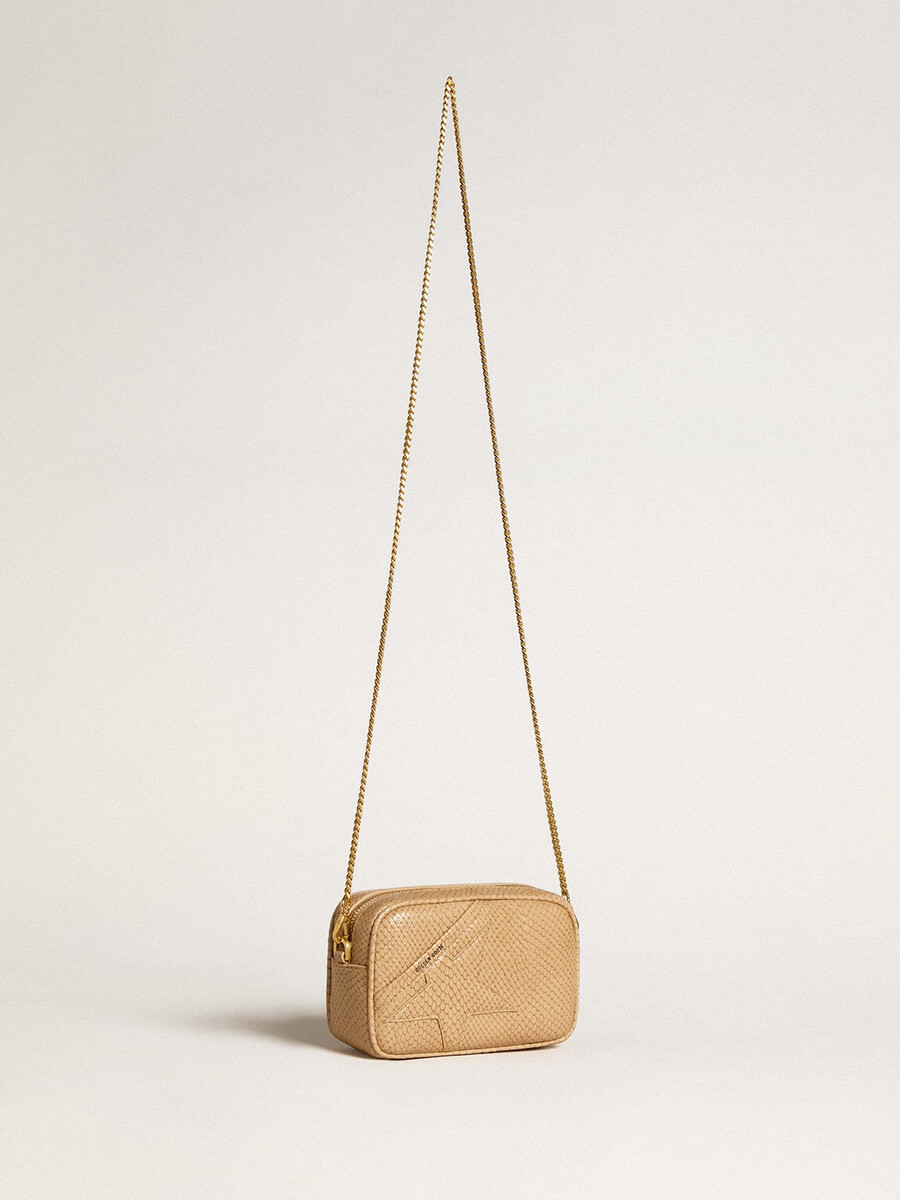 mini star tasche aus beigefarbenem leder mit schlangenmuster