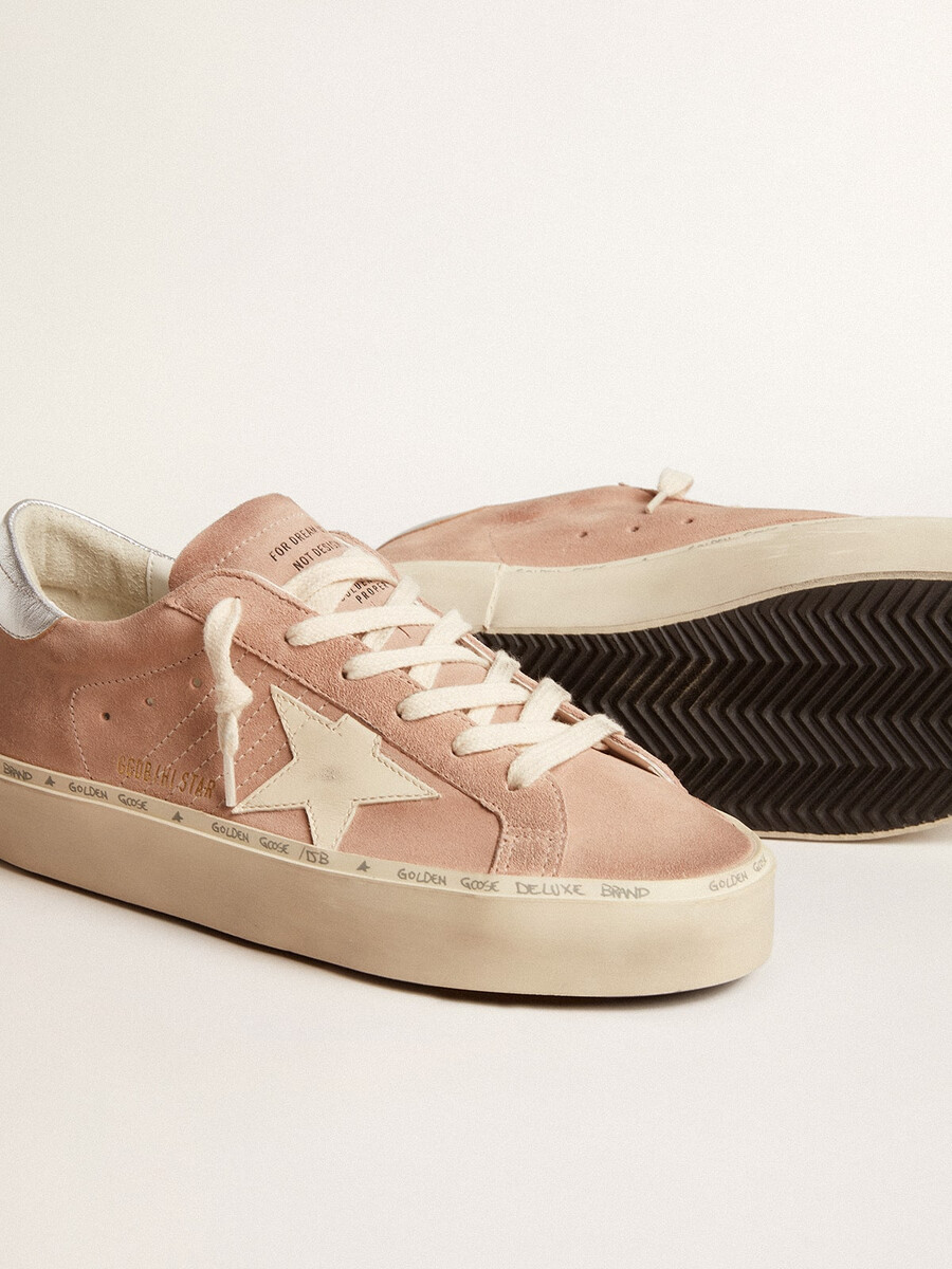 damen-sandalen hi star aus rosafarbenem wildleder mit cremefarbenem stern und silberner leder-fersenlasche