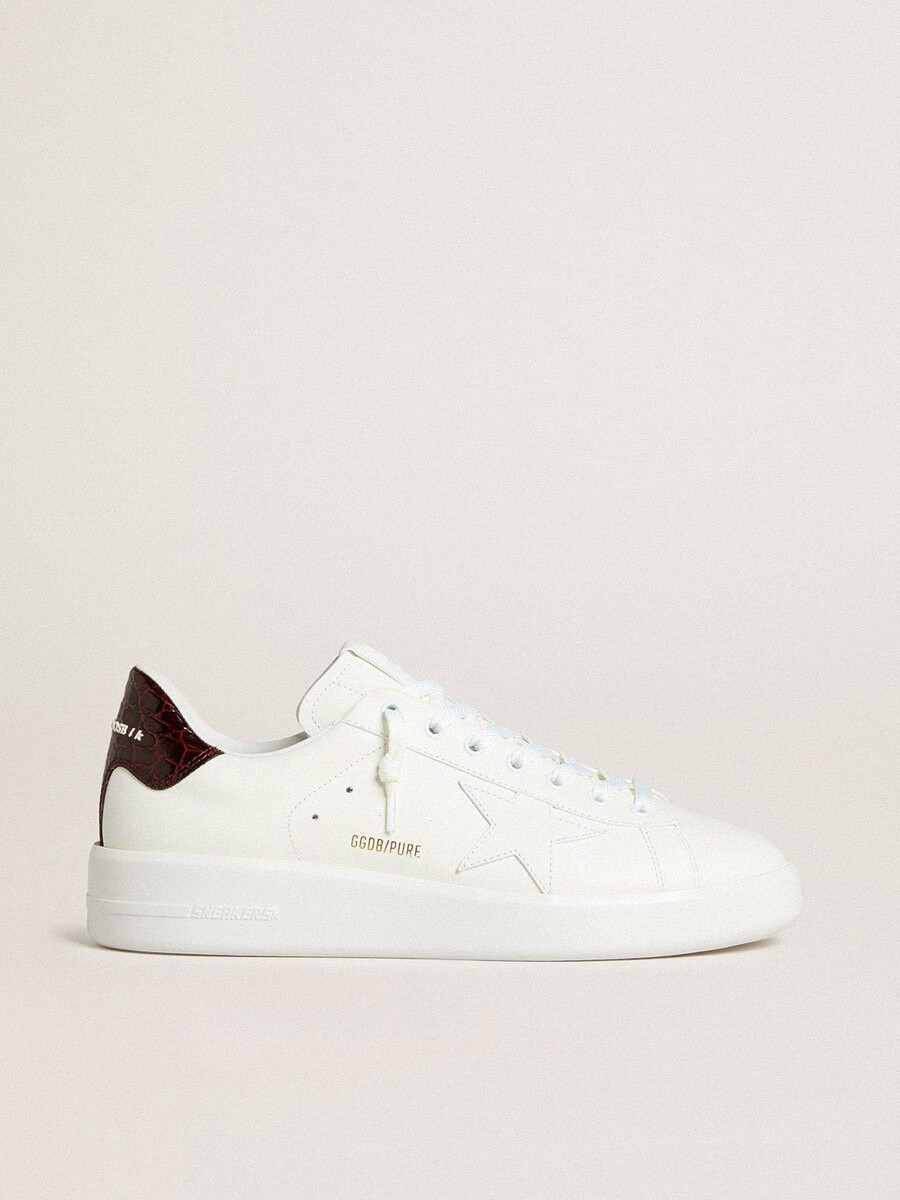purestar herrenschuh mit weißem lederstern und bordeauxroter fersenlasche aus leder mit krokoprägung.