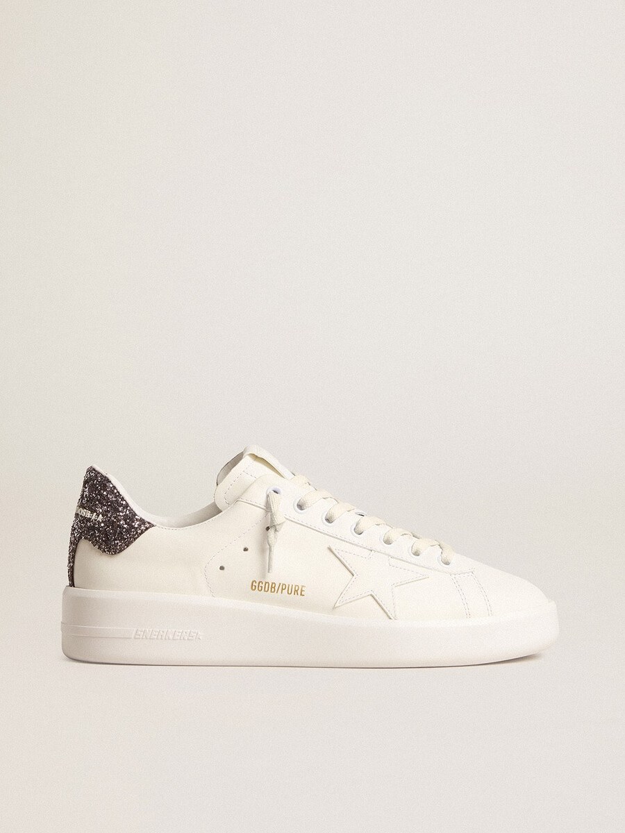 purestar damenschuh mit weißem lederstern und anthrazitfarbenem glitzer-fersenstreifen