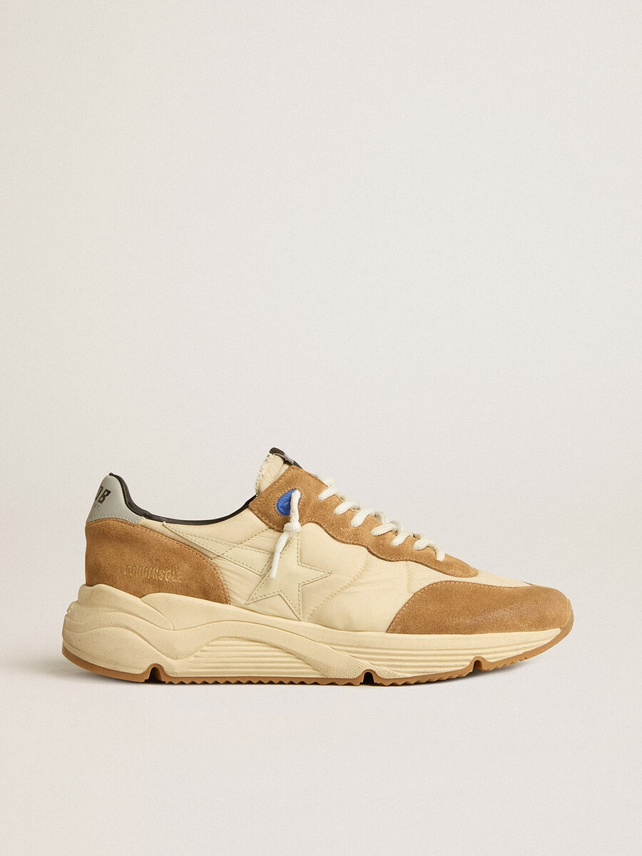 laufschuhsohle für herren aus elfenbeinfarbenem nylon und tabakfarbenem wildleder