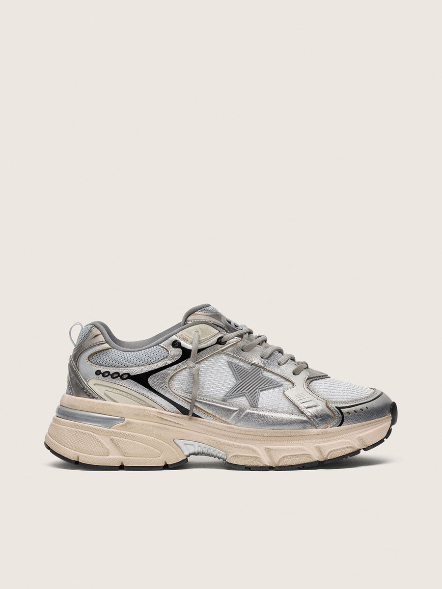 lightstar damenschuh aus grauem mesh und silbernem nappaleder mit grauem tpu-stern