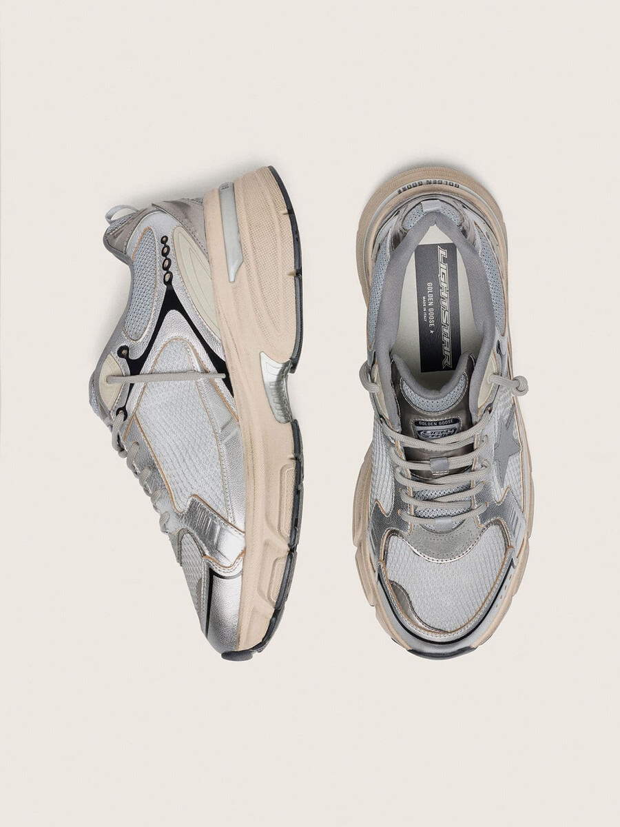 lightstar damenschuh aus grauem mesh und silbernem nappaleder mit grauem tpu-stern