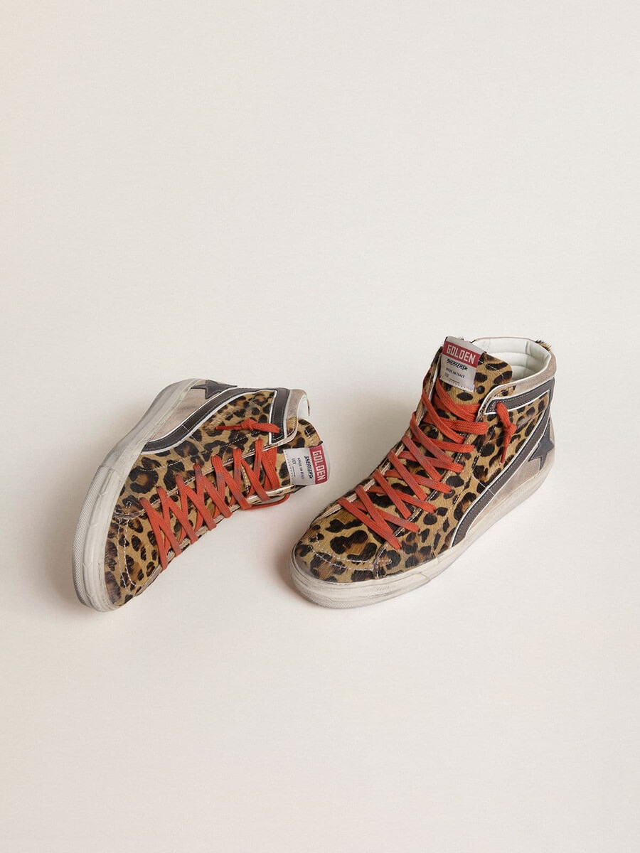 damen-sandalen ltd aus leopardenmuster-ponyfell mit metallischem lederstern und glitzer
