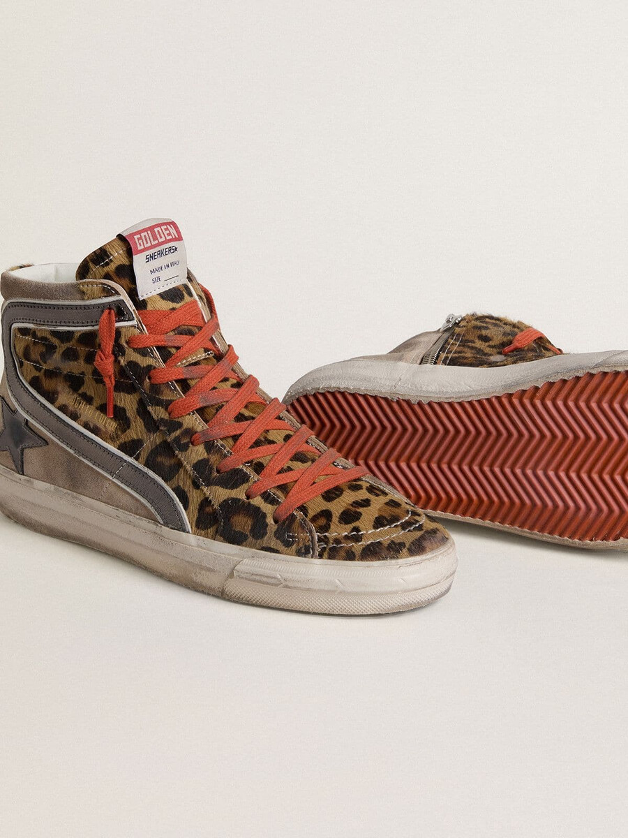 damen-sandalen ltd aus leopardenmuster-ponyfell mit metallischem lederstern und glitzer