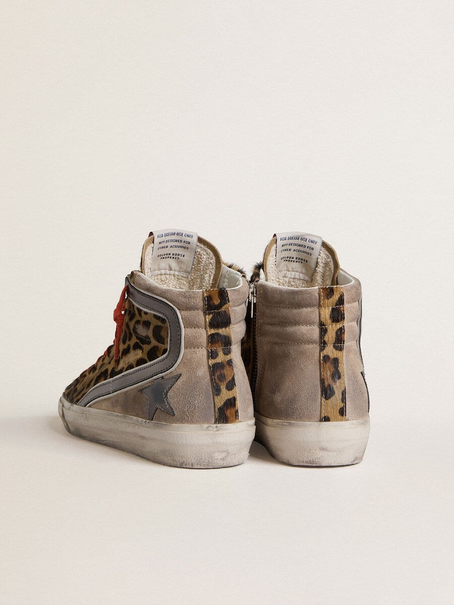 damen-sandalen ltd aus leopardenmuster-ponyfell mit metallischem lederstern und glitzer
