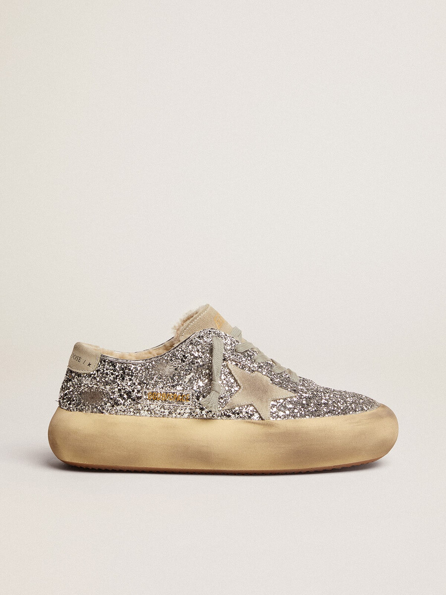damen-space-star-schuhe in silberglitzer mit lammfellfutter