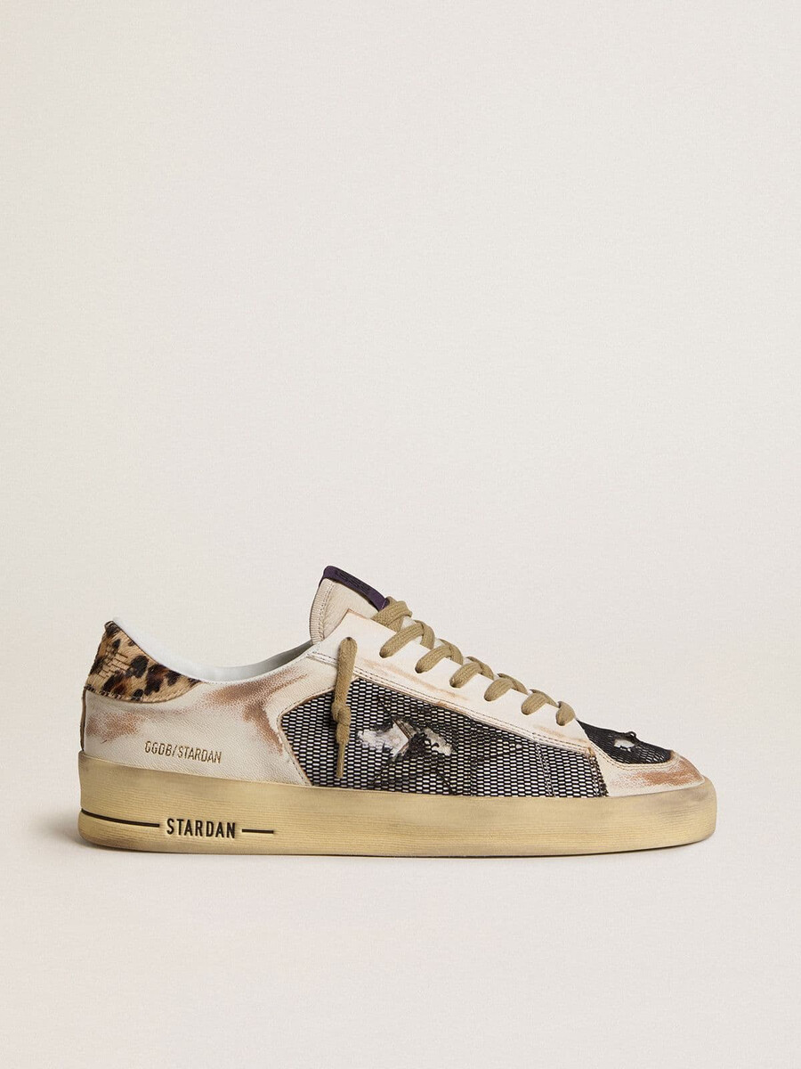 stardan herrenschuh aus nappaleder und mesh mit fersenlasche aus leopardenmuster-ponyfell.