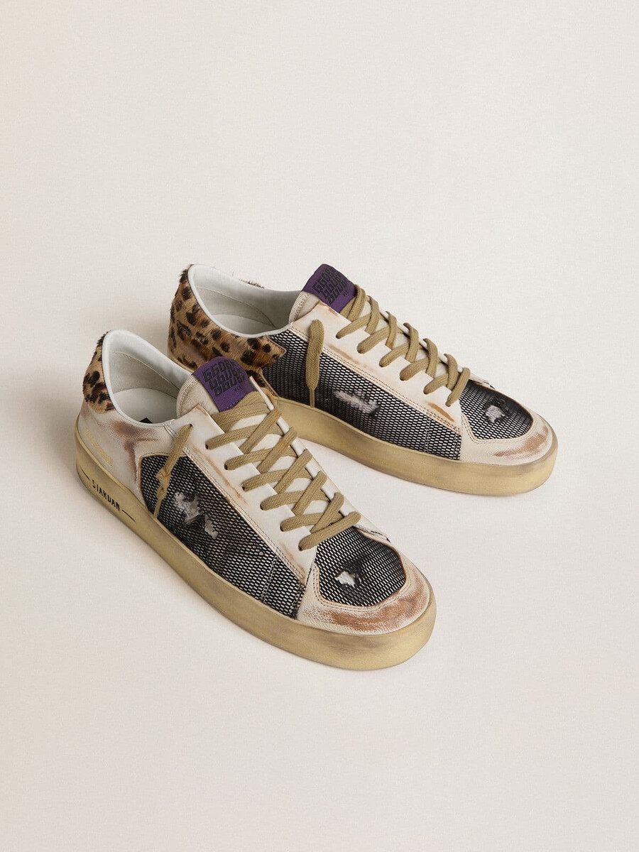 stardan herrenschuh aus nappaleder und mesh mit fersenlasche aus leopardenmuster-ponyfell.