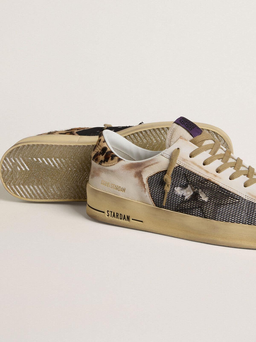 stardan herrenschuh aus nappaleder und mesh mit fersenlasche aus leopardenmuster-ponyfell.