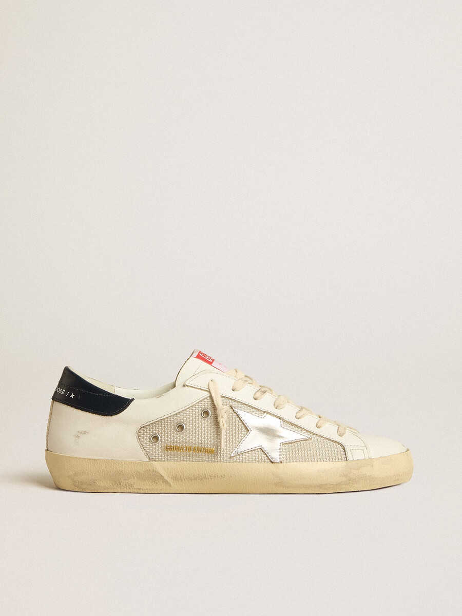 super-star ltd herrenschuh aus mesh und leder mit silbernem stern und blauer fersenlasche