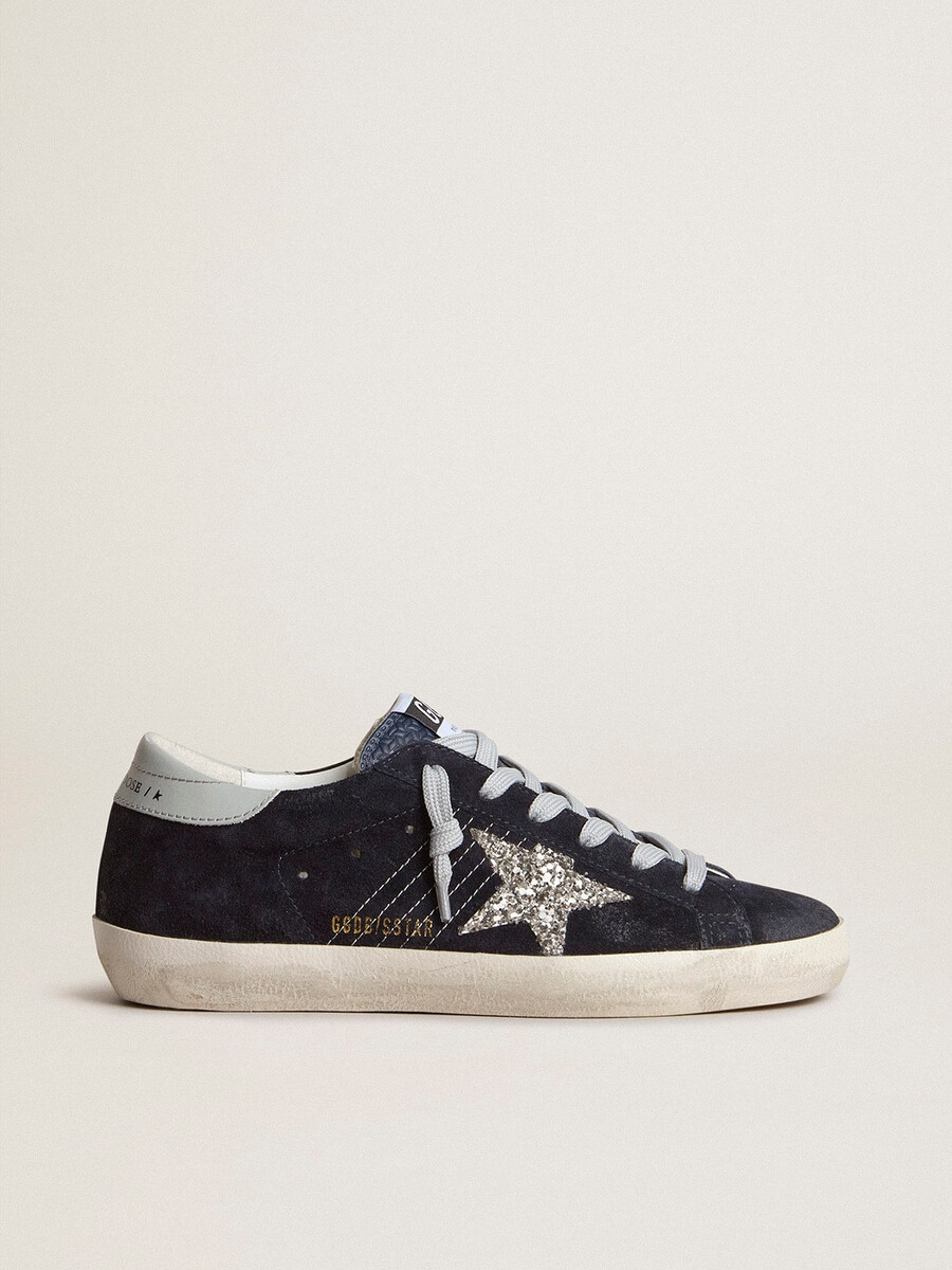 damen-super-star aus blauem wildleder mit silbernem glitzerstern und leder-fersenlasche