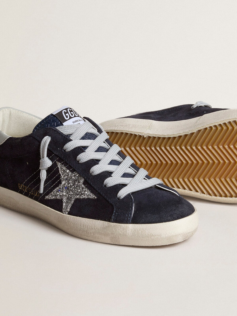 damen-super-star aus blauem wildleder mit silbernem glitzerstern und leder-fersenlasche
