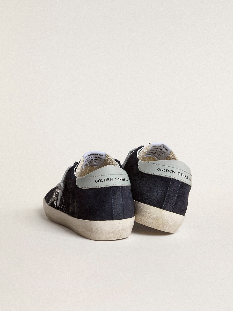 damen-super-star aus blauem wildleder mit silbernem glitzerstern und leder-fersenlasche