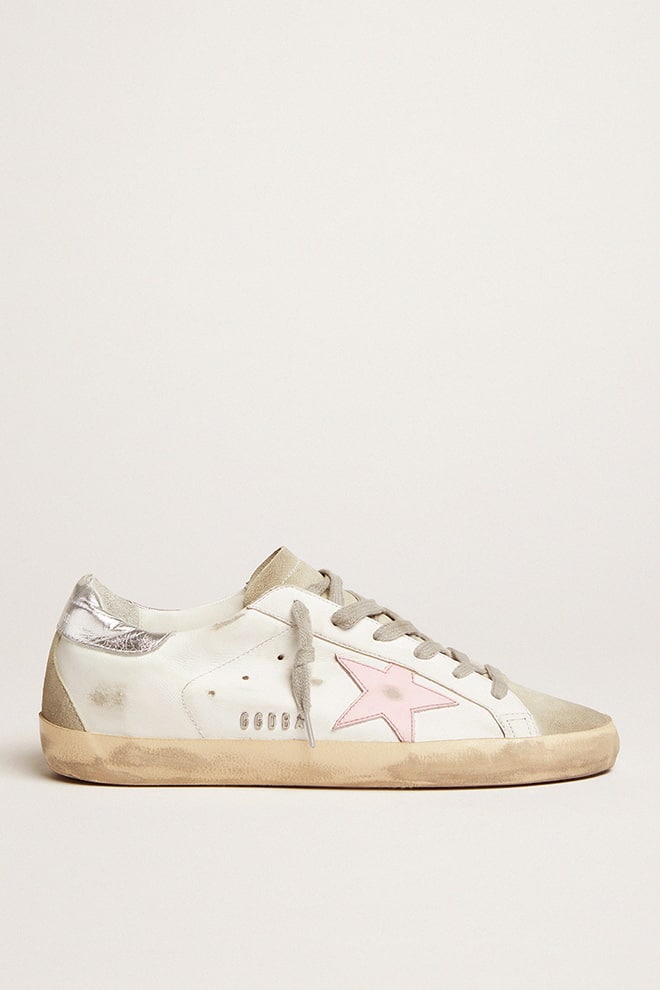 super-star damen-ledersandalen mit pinkfarbenem stern und silberner fersenlasche