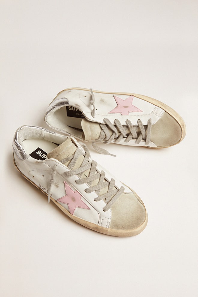 super-star damen-ledersandalen mit pinkfarbenem stern und silberner fersenlasche