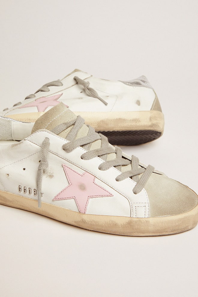 super-star damen-ledersandalen mit pinkfarbenem stern und silberner fersenlasche
