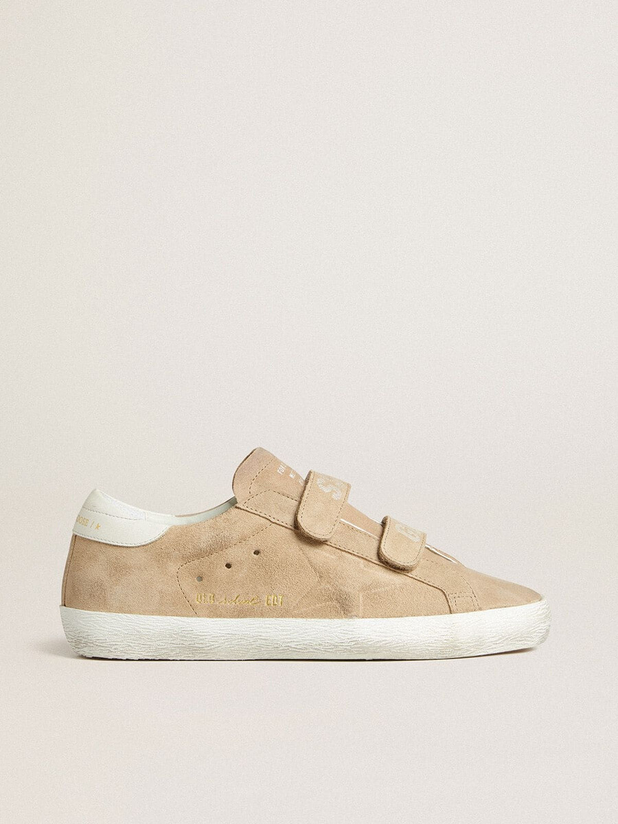 damen-old-school-schuh aus beigefarbenem wildleder mit weißer leder-fersenlasche