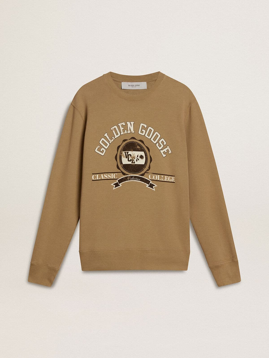 beigefarbenes herren-sweatshirt aus baumwolle mit aufdruck auf der vorderseite
