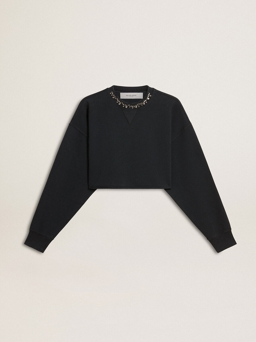 kurzes damen-sweatshirt aus baumwolle mit kristallen auf der vorderseite