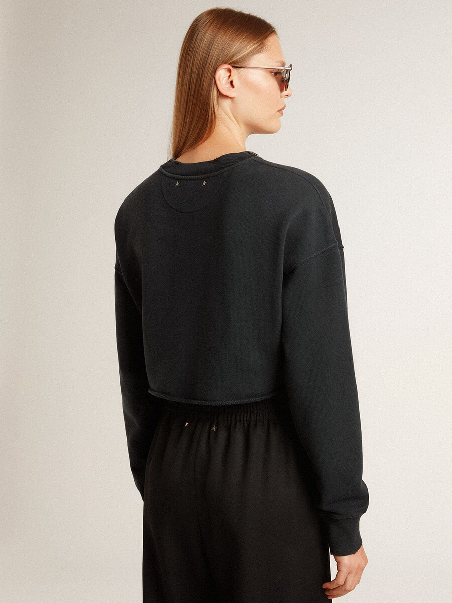 kurzes damen-sweatshirt aus baumwolle mit kristallen auf der vorderseite