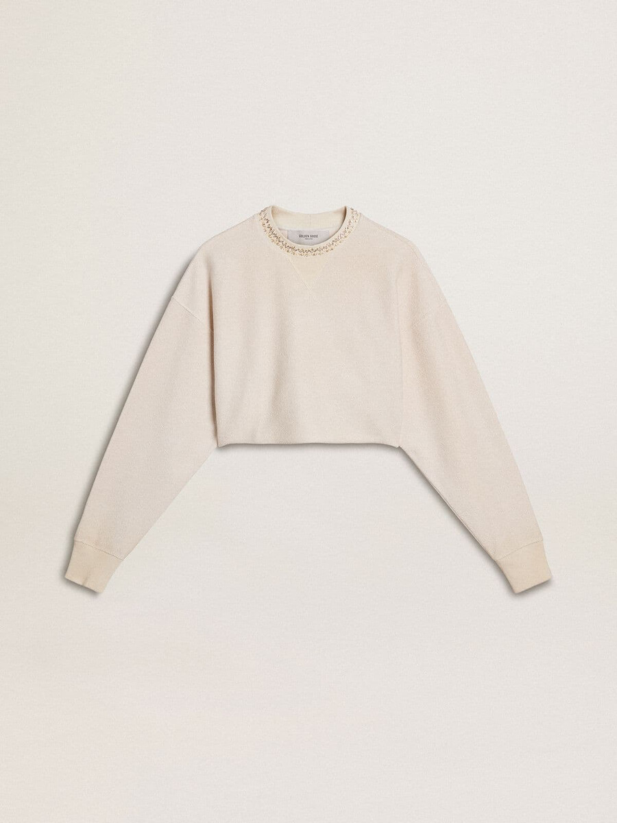 kurzes damen-sweatshirt aus cremefarbener baumwolle mit kristallen auf der vorderseite