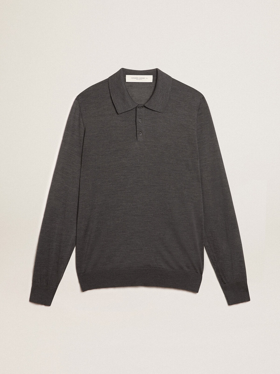 langärmeliges herren-poloshirt aus grauer merinowolle