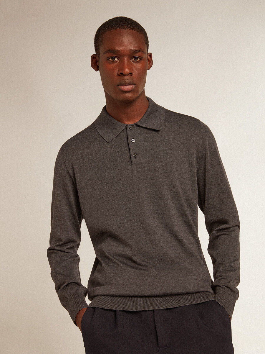 langärmeliges herren-poloshirt aus grauer merinowolle