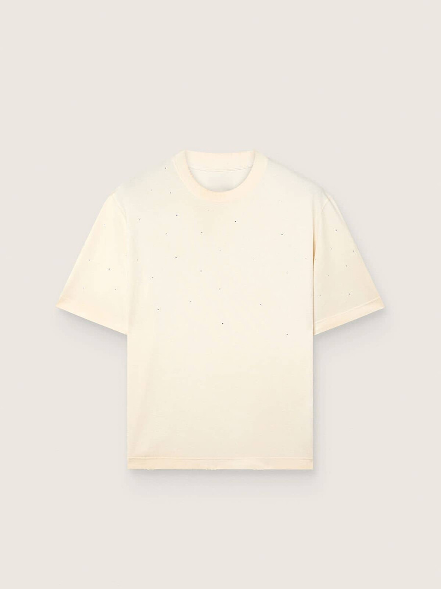 unisex-t-shirt mit sternenmuster aus weißer baumwolle mit durchgehendem farbverlauf und kristallen sowie einem aufdruck auf der rückseite.