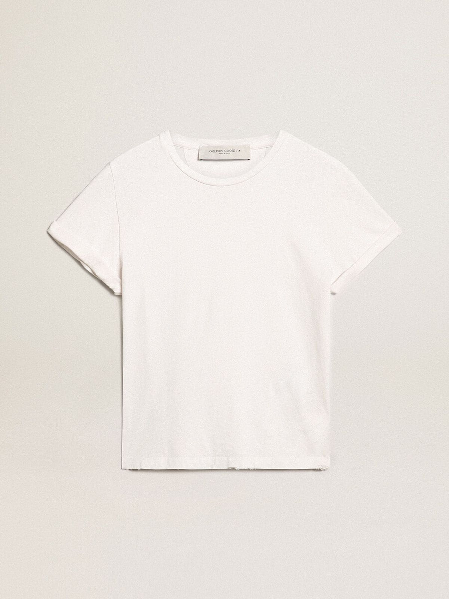 weißes damen-t-shirt in normaler passform mit used-look.