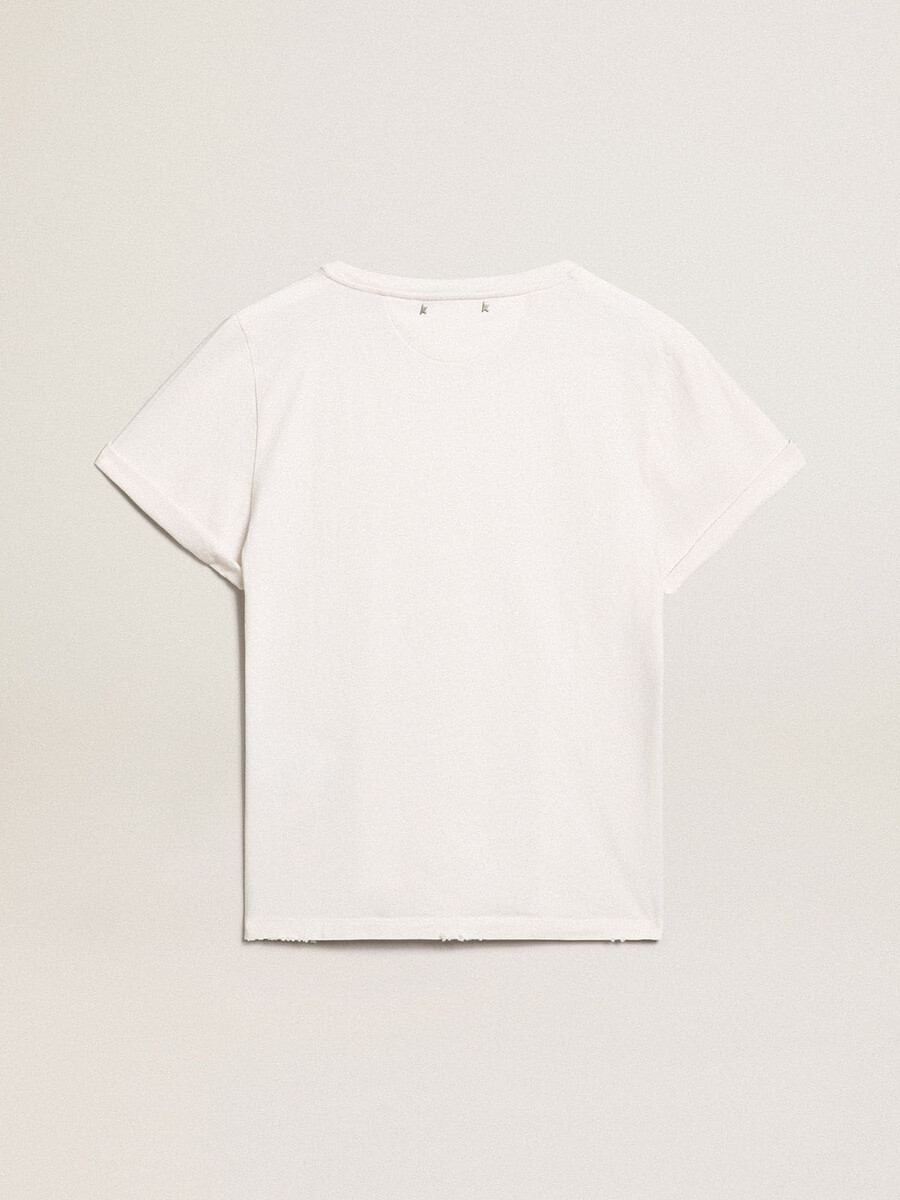 weißes damen-t-shirt in normaler passform mit used-look.