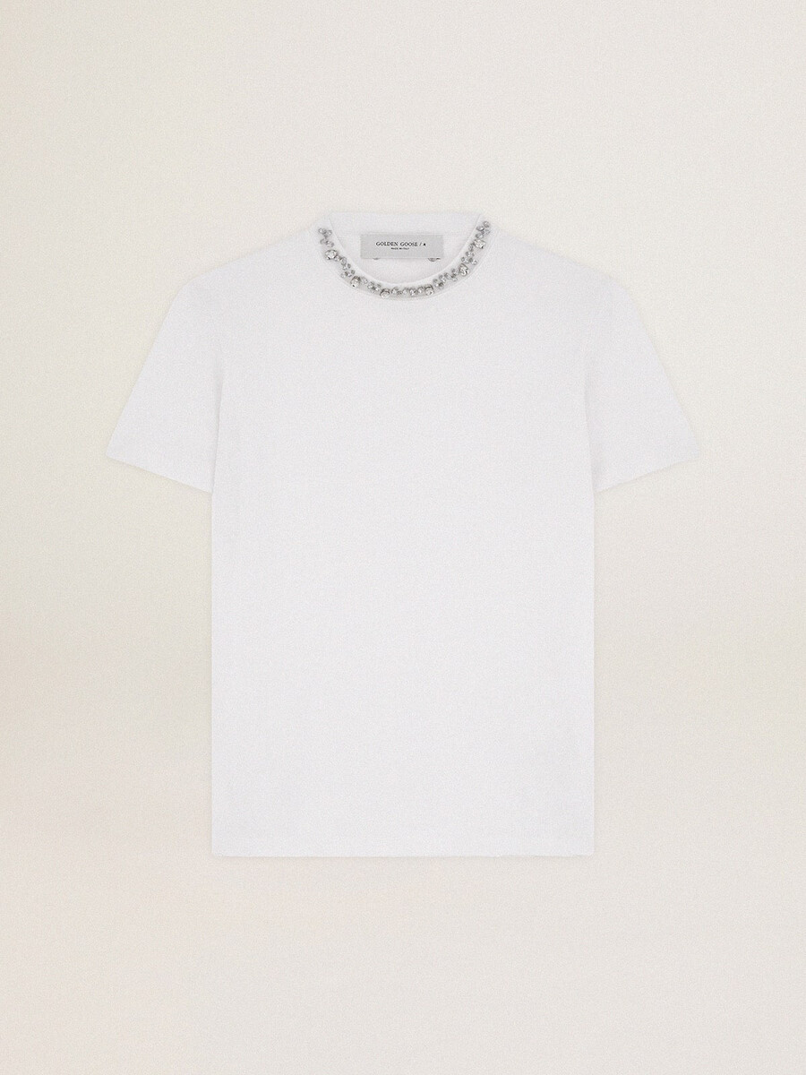 weißes damen-t-shirt mit cabochon-kristallen