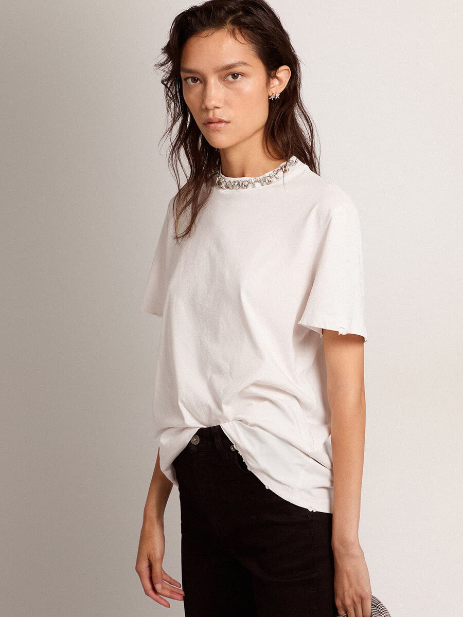 weißes damen-t-shirt mit cabochon-kristallen