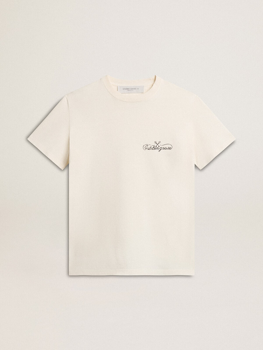 damen-t-shirt in gealtertem weiß mit logo auf der brust