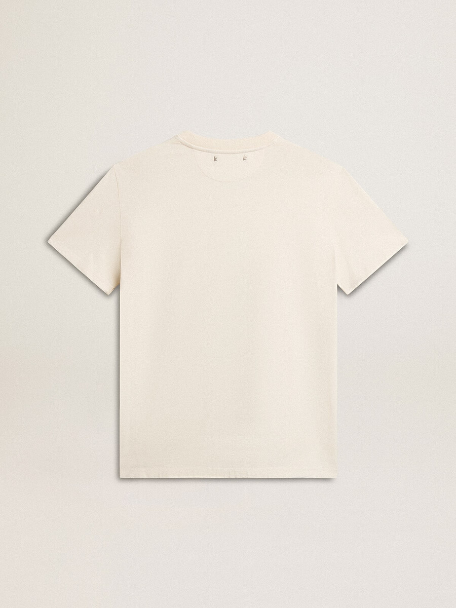 damen-t-shirt in gealtertem weiß mit logo auf der brust