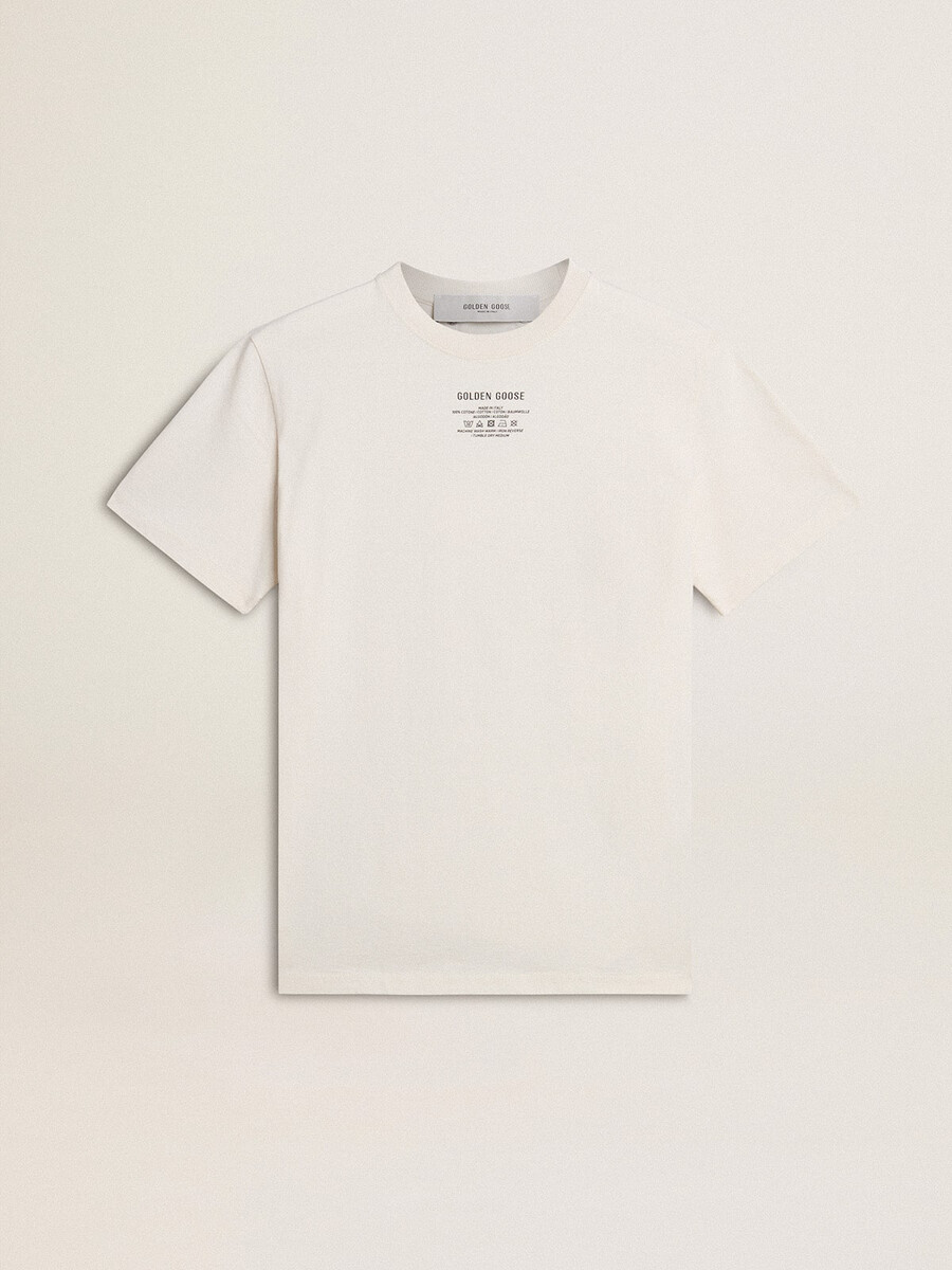 abgetragenes weißes baumwoll-t-shirt für damen mit schwarzer schrift