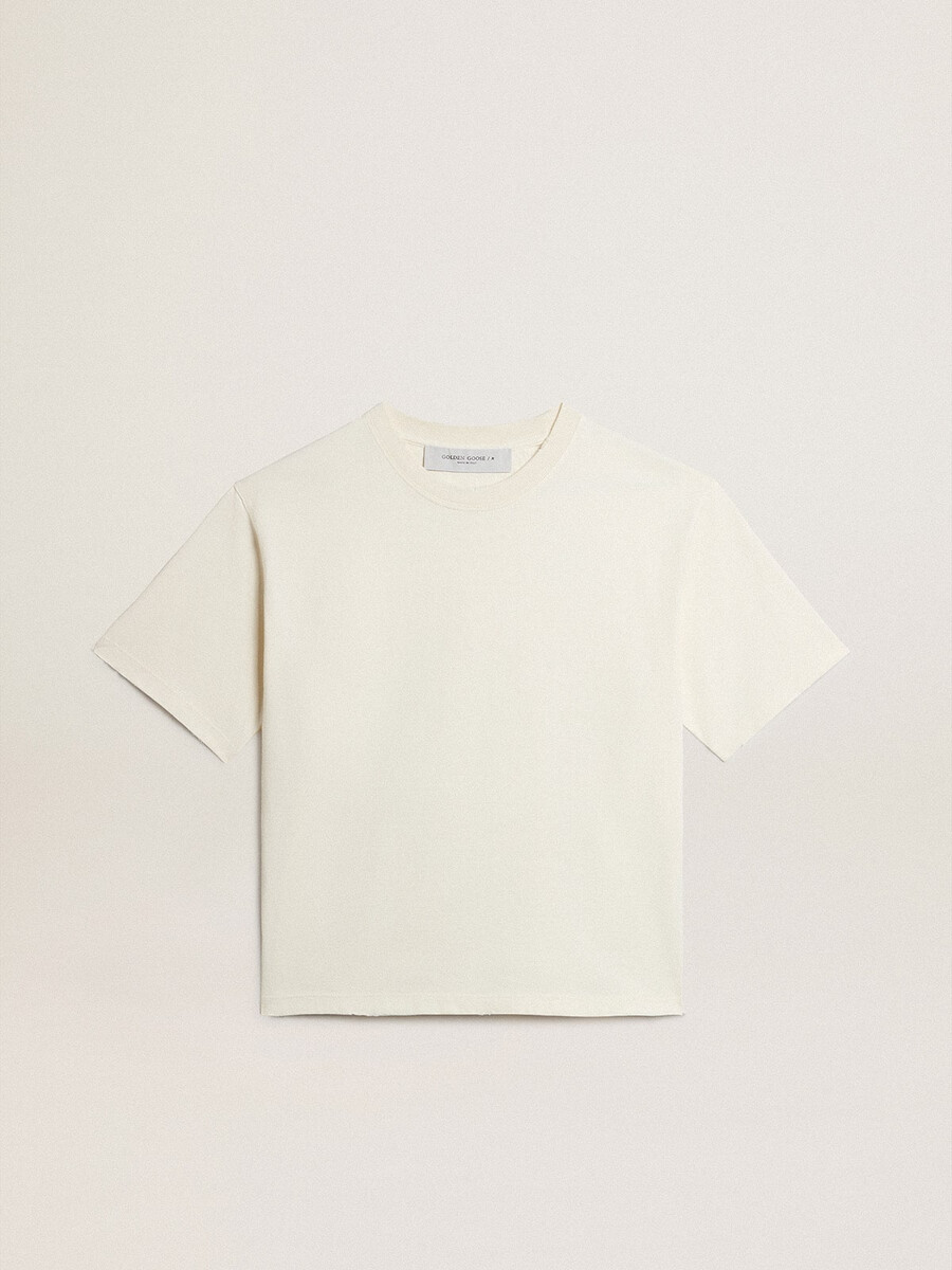 t-shirt in gealtertem weiß mit umgekehrtem logo auf dem rücken – jersey capsule
