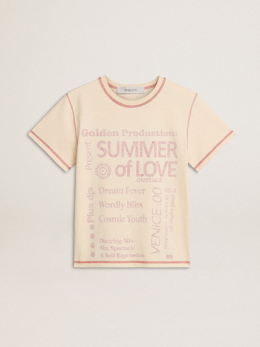cremefarbenes damen-t-shirt mit verwaschenen roten akzenten
