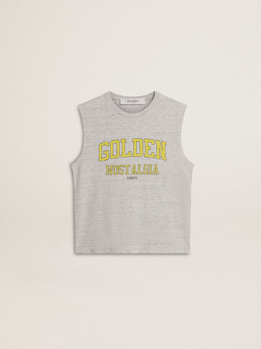 graues ärmelloses damen-t-shirt mit gelbem aufdruck