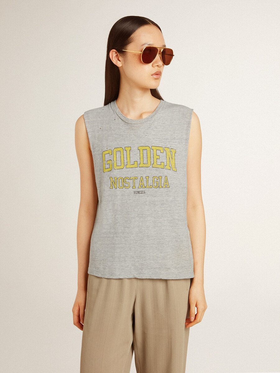graues ärmelloses damen-t-shirt mit gelbem aufdruck
