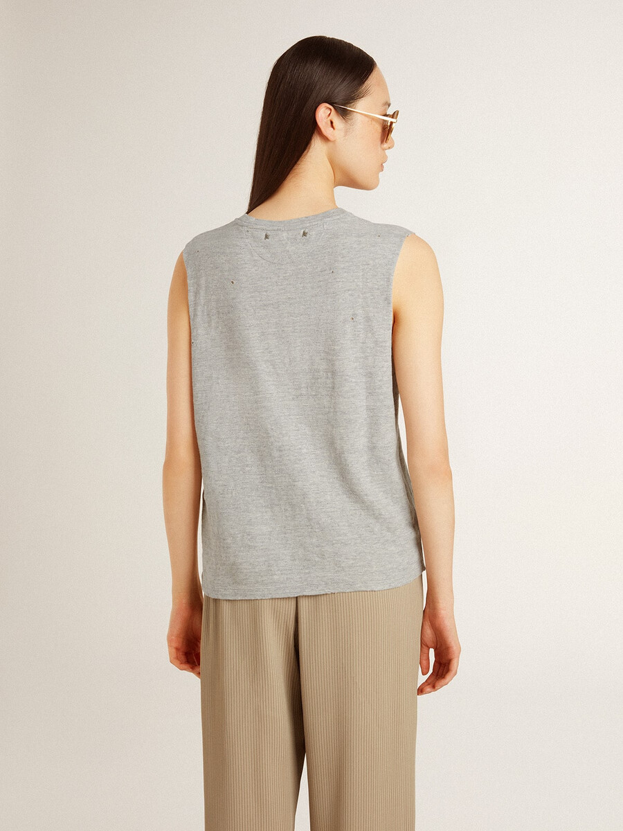graues ärmelloses damen-t-shirt mit gelbem aufdruck