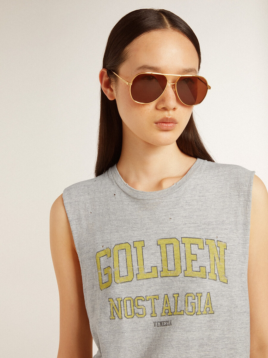 graues ärmelloses damen-t-shirt mit gelbem aufdruck