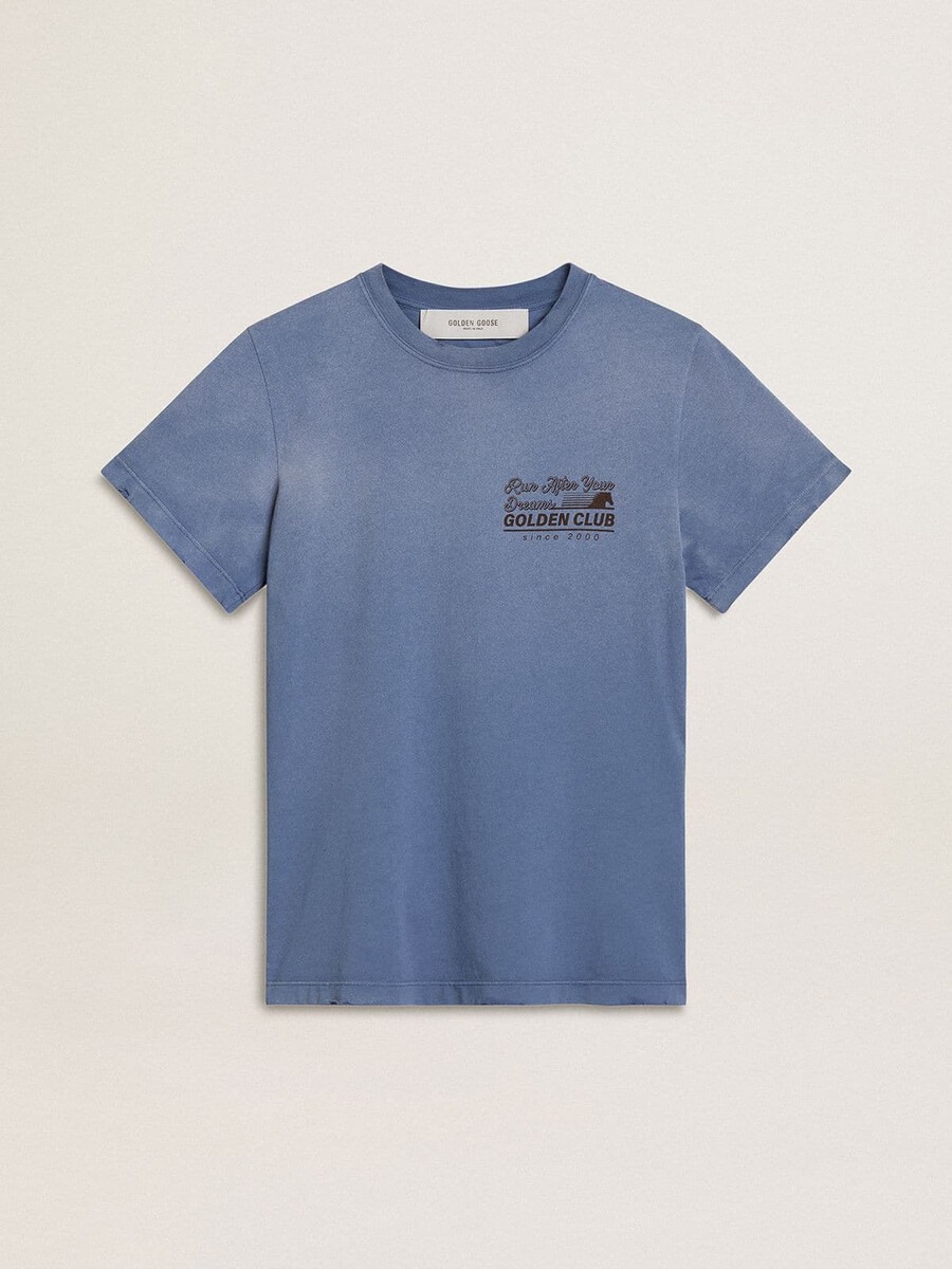 hellblaues damen-t-shirt mit verwaschenem aufdruck auf der brust