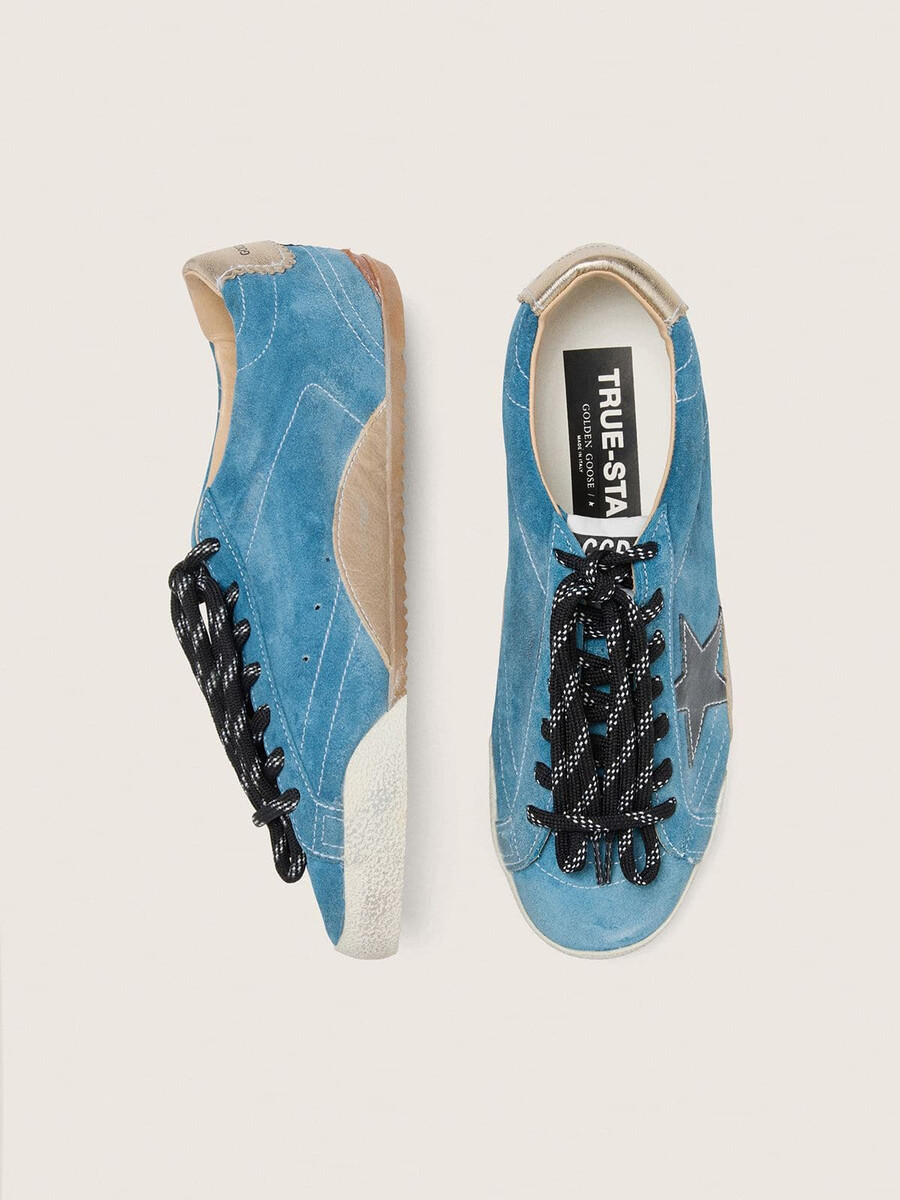 herren-sneaker true-star aus petrolfarbenem wildleder mit schwarzem stern und cremefarbener fersenlasche